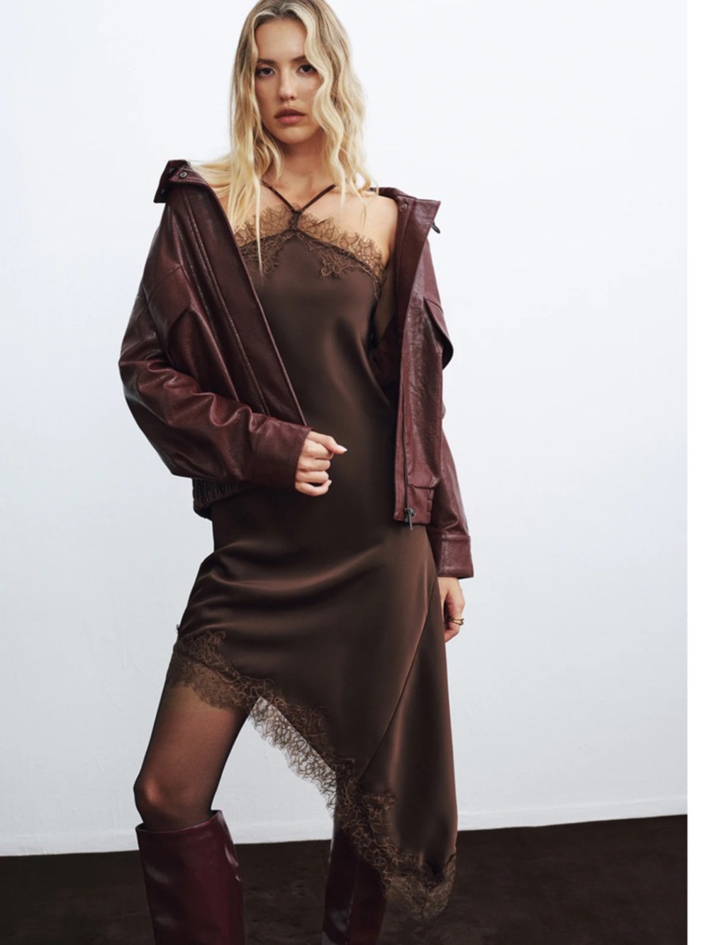 Commense Lace Trim Satin Asymmetric Backless Midi Dress Size Medium NWT - Picture 5 of 6